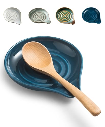 Image of LAUCHUH Spoon Rest, Ceramic Spoon Holder for Stove Top Ladle Holder for Kitchen Countertop Cooking Utensil Rest for Spatula, Tongs, Heat-Resistant Framhouse Decor, Blue, 5 Inches