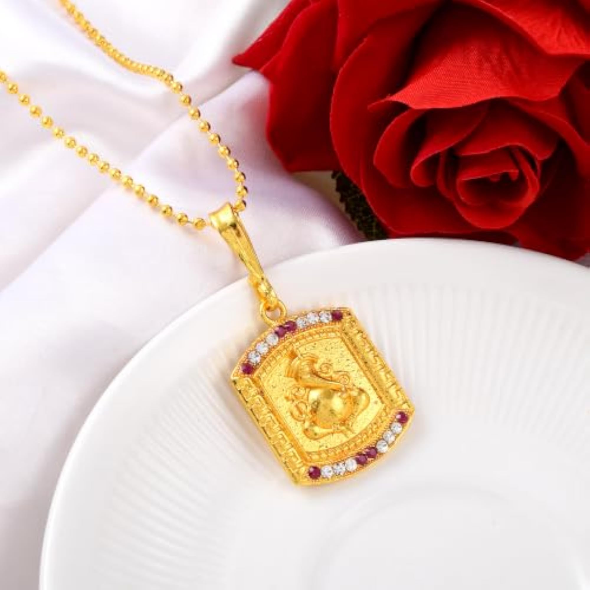 Gold Plated CZ Lord Ganesh Pendant Locket Chain Necklace