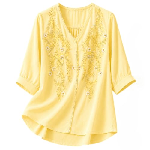 Image of RIEKA Womens Embroidered Korean Style Top and Tunic; V Neck| Floral Thread Embroidery| Three Quarter Puff Sleeves |Relaxed Fit Curved Hem| Casual Everyday Fusion Top