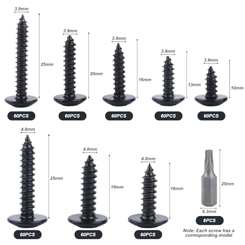 Blechschrauben Selbstschneidende Schrauben Torx, 60 Stk Holzschrauben, Flachkopfschrauben, Flachkop Torx Karosserieschrauben, schwarz Bohrschrauben für Holz Möbel Schrauben - M3,9x25mm