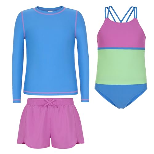 Image of Saint Eve Kids 4-Piece Swimsuit Set UPF 50+ Girls Long Sleeve Rash Guard Tankini Top Bikini Bottom & Swim Shorts
