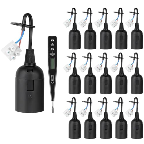JOLIGAEA 15 PCS Casquillos para Bombillas E27, Casquillos con Cable Soporte de Lámpara, Portalamparas E27 con Probador de Voltaje, Adaptador de Bombillas para Bombillas LED y Bombillas Incandescentes