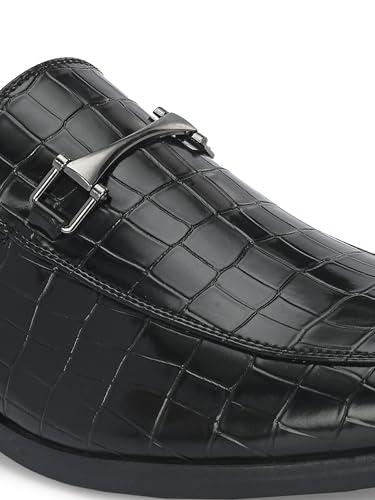 Image of San Frissco Men's Formal Loafers Leatherette Textured Trending Shoes with Buckle,Semi Casual Cushioned Footbed Formal Mules for Party, Slip-On Loafers, Lightweight and Comfortable Shoes