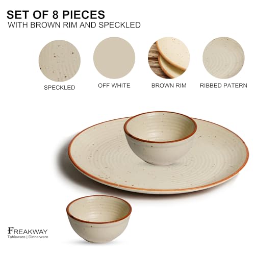 Image of Freakway Cream Matte Finish Handcrafted Dinner Set Ceramic Stoneware Dinner Set of 8 Pieces | 4 Dinner Plates & 4 Serving Bowl | Dishwasher & Microwave Safe - Off White