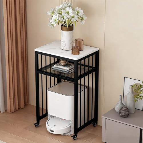 ZAQYCM Industrial Robot Vacuum Storage Side Table with Wheels, Black Gold White Mini Fridge Table for Bedroom/Garage/Dorm Room/Kitchen, 21.6x15.7x23.6 Inch(Gold,2 Layers)