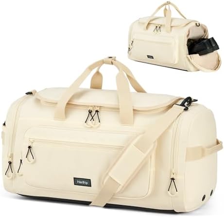 Large Travel Duffle Gym Bag with Shoe Compartment, Underseat Carry On Luggage Overnight Weekender Personal Item Workout Bags for Women Men (Offwhite)