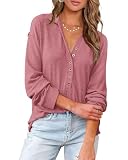 Picture of BTFBM Women Casual Button Down Fall Blouses 2025 Long Sleeve Solid Business Work Tops Cute Relaxed Fit Shirts(Solid Rust Red, Large)