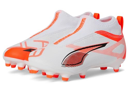 PUMA Ultra 5 Match+ Laceless Firm Artificial Ground (Little Big Kid) Sneaker, White Black/Glowing Red, 4 US Unisex