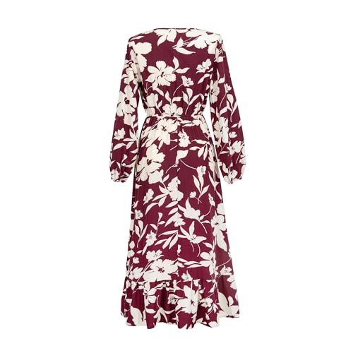 Women's Long Sleeved Bohemian Style Mid Length Dress V-Neck Floral Print Elegant and Casual A-Line Flowing Party Dresses3
