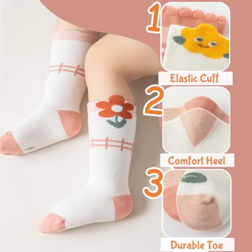 4 Pairs Toddler Baby Girl Boy Kids Socks, Cute Flower Floral Soft Cotton Crew Socks, 0~5T3