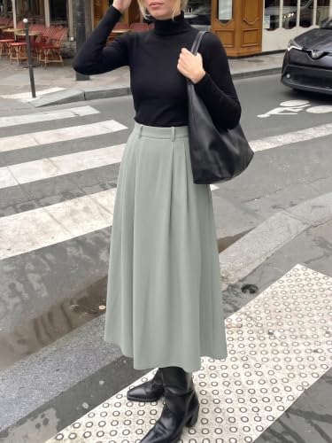 Image of Casly Lamiit A-Line Midi Skirts for Women Business Skirt | Elastic High Waisted, Pleated with Pockets, Work Skirts Casual