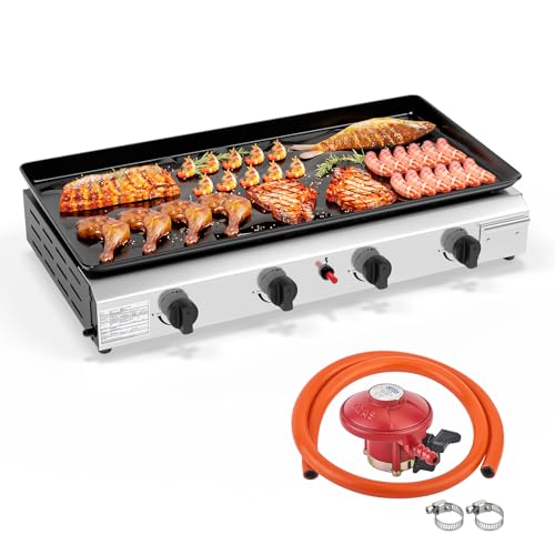 ROVSUN 4 Burner Poartable Gas BBQ 4000BTU Outdoor Barbecue Grill Tabletop Stainless Steel BBQ with Non-Stick Griddle for Camping Patio Party