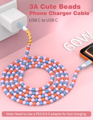Image of USB C to USB C Cable 6FT,60W Beaded Charger Cord Fast Charging for iPhone 17 16 15 Pro Max /iPad Pro Air 11th for Samsung S26 S25 S24 Ultra S23 A16 A17 /Android Phone Charger Cord Girl Women,Blue-Orange
