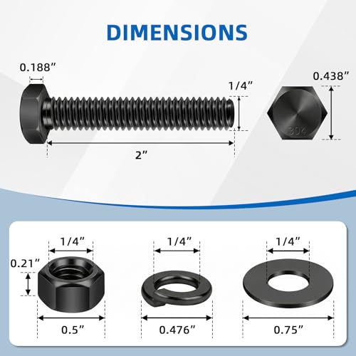 Image of Mellewell 1 /4-20 x 2 Hex Head Screws Bolts, Nuts, Flat & Lock Washers, Fully Threaded, Stainless Steel 18-8, Black Finish, 8 Sets
