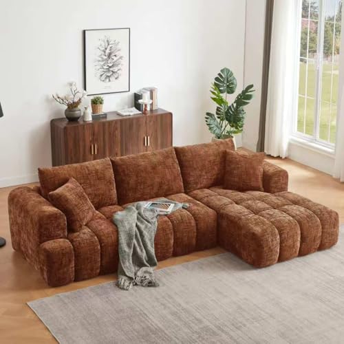 Luxury 108" Sofa with Oversized Chaise, L-Shaped Chenille Modular Cloud Couch with Deep Seat & 2 Pillows, Orange Boneless Couches for Living Room, Apartments, Homes (Orange, Right Facing Chaise)