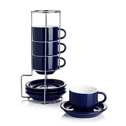 Sweese 2.5 Ounce Porcelain Stackable Espresso Cups with Saucers and Metal Stand Set of 4, Navy by Sweese - Used condition - US$16.00