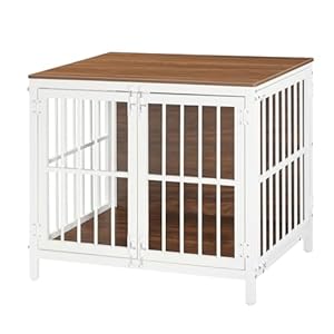 HOOBRO Heavy Duty Dog Crate Furniture, 31.5″ Wooden Indoor Kennel with 3 Doors, Chew Resistant Metal Cage for Small and Medium Breeds, Dog Crate Side Table, White and Walnut