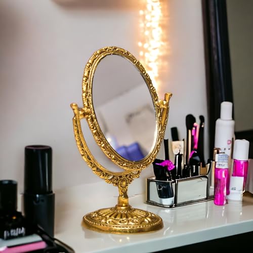 KridayKraft Espejo de maquillaje de aluminio de doble cara para un maquillaje fácil (dorado), ovalado, mesa
