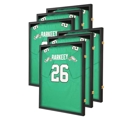 Image of Jersey Frame Display Case 6-Pack, Goazhpon Large Lockable T-Shirt Shadow Box with Gold Locks and Black Lining, UV Protection Acrylic and Hangers for Football Basketball Baseball Soccer Hockey, Black