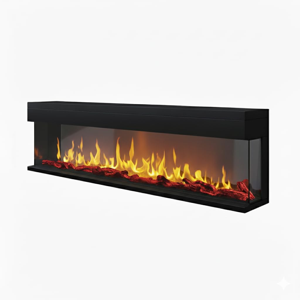 CHEMIN'ARTE Camino elettrico da incasso con effetto fiamme LED 3D 180 cm, 3 lati con 3 modalità di Installazione - Effetto Fiamma LED con 12 Colori