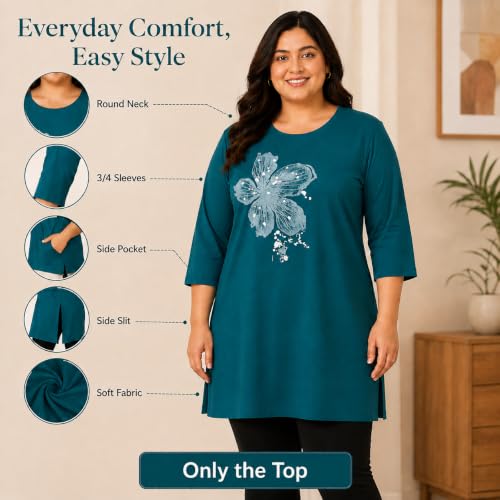 Image of RYSH Women's Plus Size Printed Nightshirt | Round Neck | 3 /4 Sleeve | Relaxed Fit Long Nightwear Top |
