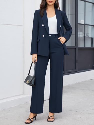 Women's 2 Piece Business Casual Outfits Double Breasted Blazer Dressy Wide Leg Work Pants Suits Set2