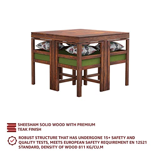 Image of Sheesham Wood 4 Seater Dining Table Set for Home Hall || Solid Wood Dining Table with 4 Chairs for Hotels | Dining Room Sets - Teak Finish (Small Pillows Not Included)