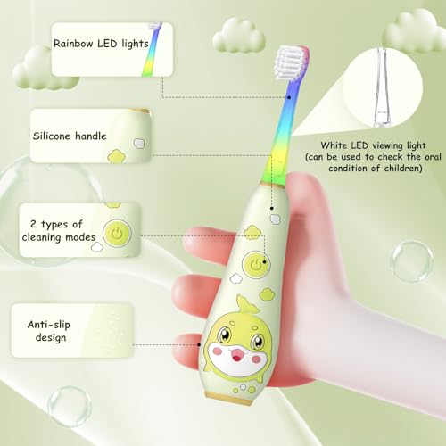 Teeteck Kids Electric Toothbrushes, Toddler, Ages 3+, Rainbow LED, Magnetic Charging, IPX7 Waterproof, Set (Yellow, 3 Years+) - Image 2