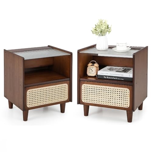 GIANTEX Lot de 2 Tables de Chevet en Bambou avec tiroir et Compartiment Ouvert, Table d'appoint avec Plateau en Verre, Table Basse en Bois Vintage, Commode de...