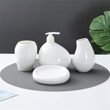 Soft Touch Ceramic White Bathroom Accessories Set,Soap Dispenser, Toothbrush Holder, Tumbler and Soap Dish,White,4pcs