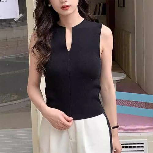 Image of Women Summer Sleeveless Sweater Vest Minimalist V-Slit Neck Slim Fit Pullover Tank