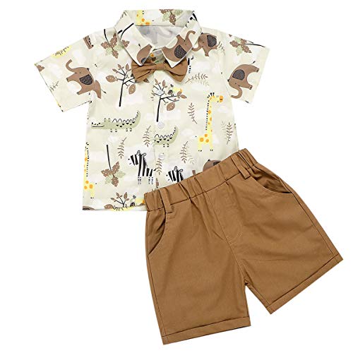 Toddler Kids Baby Boys Gentleman Short Set Carton Animal Shirt Solid Shorts Outfits (Beige, 6-12Months)
