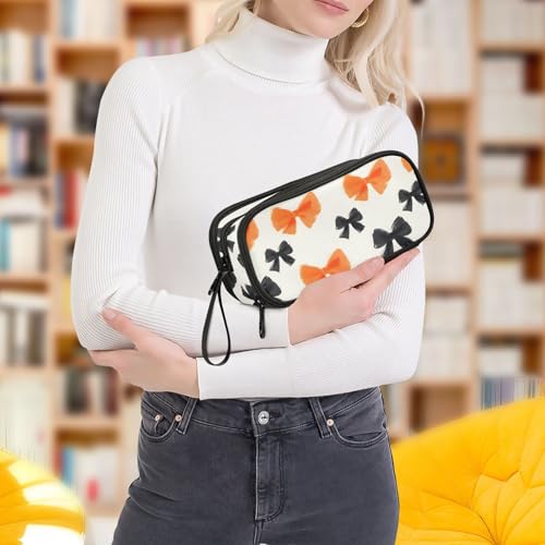 Image of ALAZA Orange Black Butterfly Bow Pattern Pencil Case Large Capacity Pencil Pouch with 3 Compartments Stationery Case Pen Bag for Boys Girls Kids Adults School Office
