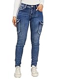Xadsfeel Cargo Skinny Jeans for Women Trendy Stretchy High Waisted Flap Pocket Denim Pants,Blue,Large