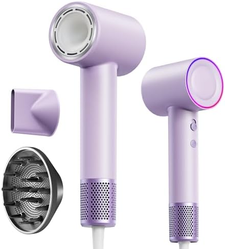 Zibtes Plasma Ionic Hair Dryer & Blow Dryer, High-Speed Brushless Motor 110,000 RPM, Negative Ions for Fast Drying & Frizz Control, Low-Noise, Magnetic Nozzle & Diffuser, Portable Home/Travel (Purple)