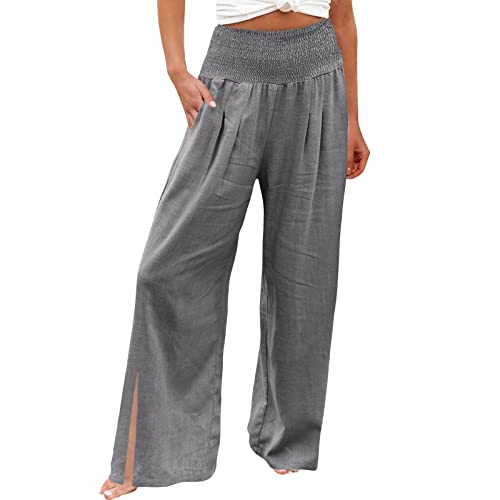 Women High Elastic Waisted Side Split Pants Fashion Wide Leg Palazzo Pants Solid Color Elegant Loose (Dark Gray, M)
