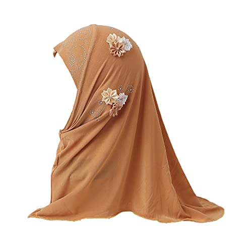 Kids Girls Crystal Flower Muslim Khimar Hijab Headscarf Elastic Beanie Arab Scarf Shawls Islamic Turban Cap