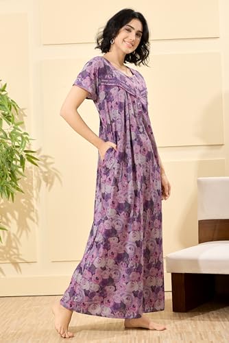 Image of GLAMORAS Bizzy Lizzy Cotton Nighty Gown with Side Pocket for Women | Regular, Digital Printed & Full Length Maxi Night Gown | Night Wear Maxi Gown for Women | Size: M-2XL