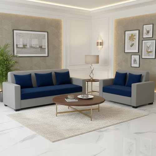 Image of FURNY Lexon 5 Seater Fabric 3+2 Sofa Set (Dark Blue-Light Grey) Premium Velvet Finish | Durable & Comfortable | Ideal for Living Room