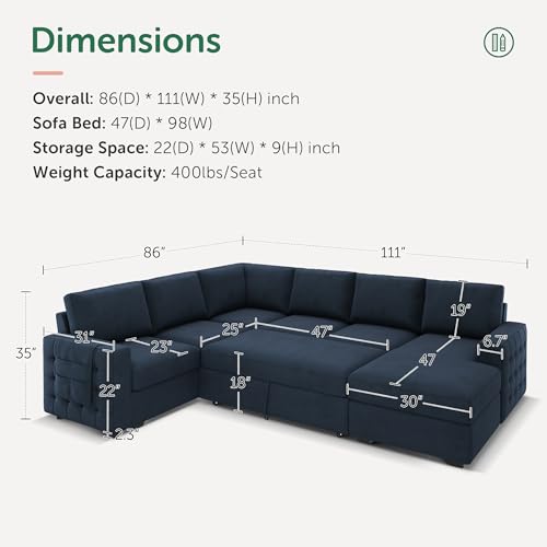 Image of HONBAY Sectional Sleeper Sofa with Pull Out Bed U-Shape Sectional Couch Sleeper Bed with Storage Chaise Lounge Living Room 6 Seater Sectional Sofa,Velvet Dark Blue