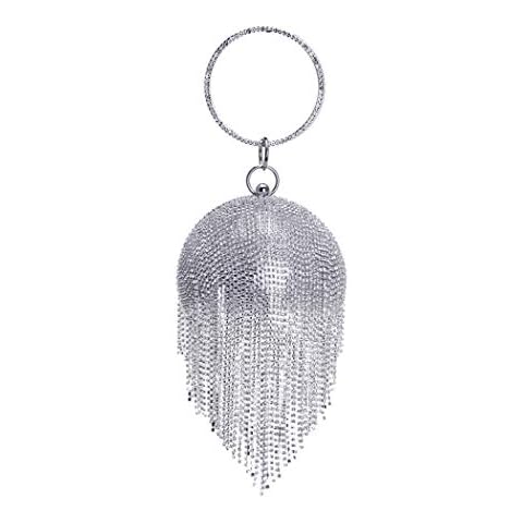 UMREN Women Round Ball Crystal Evening Clutch Purse Tassel Wedding Party Hand Bags Silver Cover