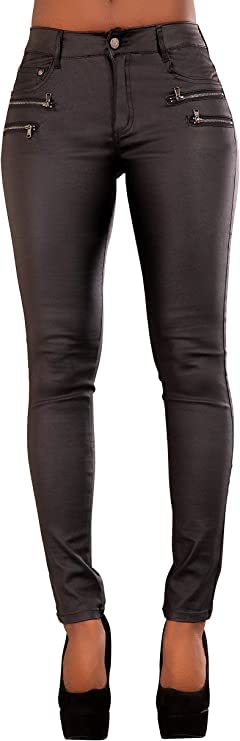 Crazy LoverWomen Faux Leather Look Trousers | Wet Look PU Faux Celeb Leather Biker Trousers with Zip (M, Black 1)