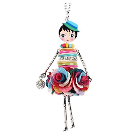BONSNY Paris Doll Necklace Dress Handmade Pendant News Alloy Metal Crystal Flower Long Chain Fashion Jewelry