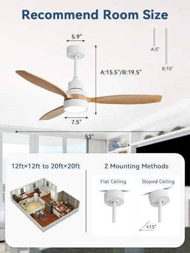 Image of Sofucor 52 Inch Solid Wood Smart Ceiling Fans with Lights and Remote, Works with App /Alexa /Google, 6-Speed Outdoor Ceiling Fan with Light, 3 Blade Ceiling Fan, Quiet DC Motor for Living Room Patio