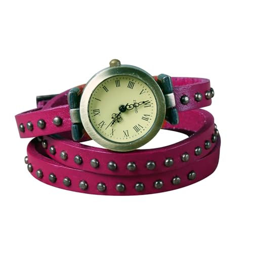 Fashionable Rivet Leather Belt Retro Watch Hand Chain-Pink