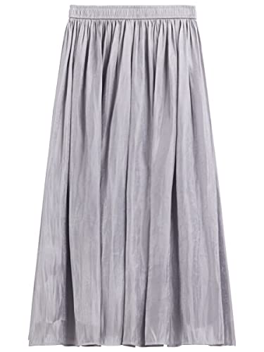 Mujer Niña Falda Plisada Falda Satén Brillante como Perlas Falda Midi Falda Larga de Línea A de Cintura Elástica para Primavera Verano Otoño Falda Longitud 82cm - Gris Claro Liso