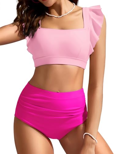 Image of Kate Kasin Womens High Waisted Bikini Sets Ruffle Tummy Control Swimsuits Full Coverage Cheeky Two Piece Bathing Suit