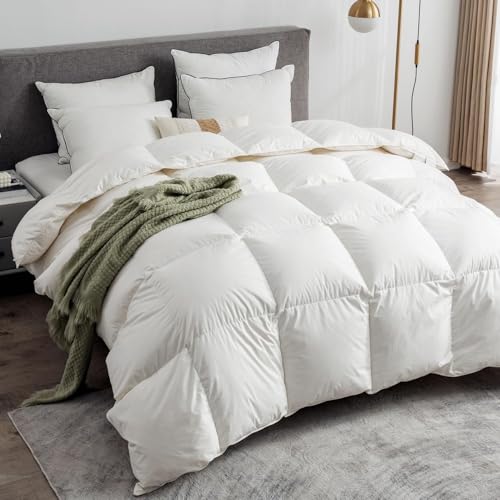 Ltinhome Feathers & Down Comforter, Organic Duvet Insert, 100% Cotton Shell, Ethically-sourced Feathers and Down Filler, All Season Warm, Oversized Queen Size, White