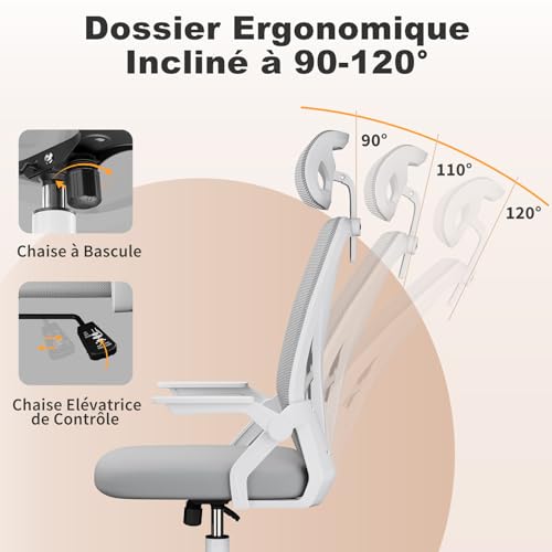 naspaluro Chaise de Bureau Ergonomique, avec accoudoirs réversibles à 90°, siège en Maille Respirante, Fonction Rotation et basculement à 360°, Convient au Bureau et à la Maison, Gris. – vue 3