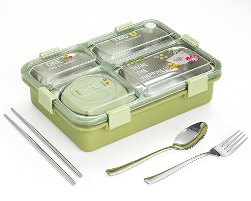 Image of Brand Conquer Lunch Box Leak-Proof BPA Free Stainless Steel for School, Lunch Box for School & Office with a Fork, a Spoon and a Pair of Chopsticks (Classic Green, Happiness 4 Compartment)